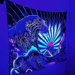 Ocean wave sunset sunrise octopus blacklight tapestry wall decor hanging